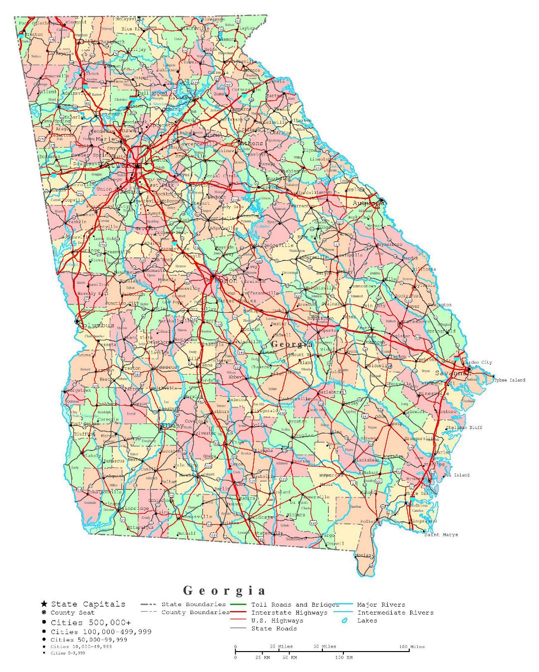 Large detailed administrative map of Georgia state with roads, highways