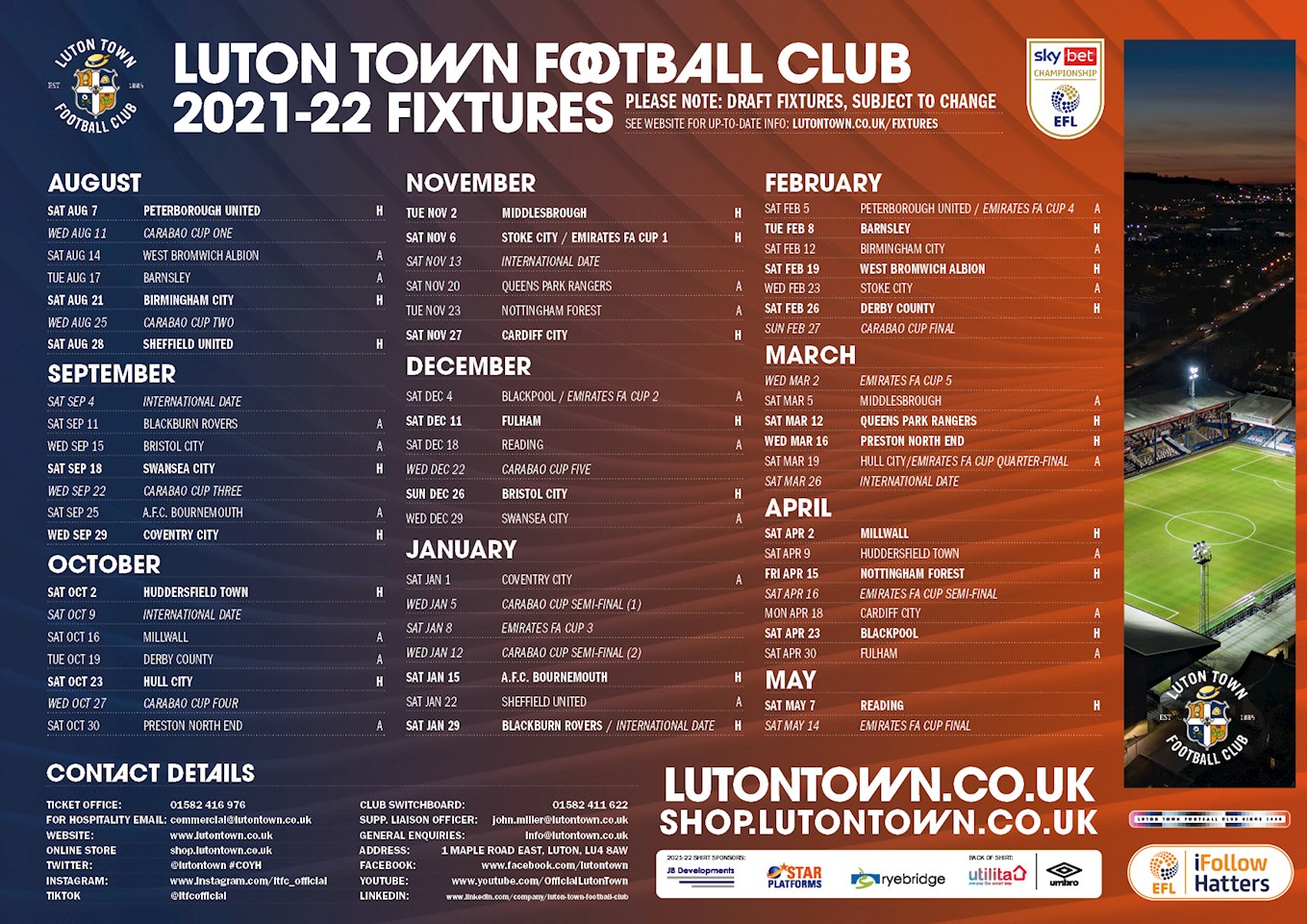 Luton City 2021-22 Sky Guess Championship fixtures | Information