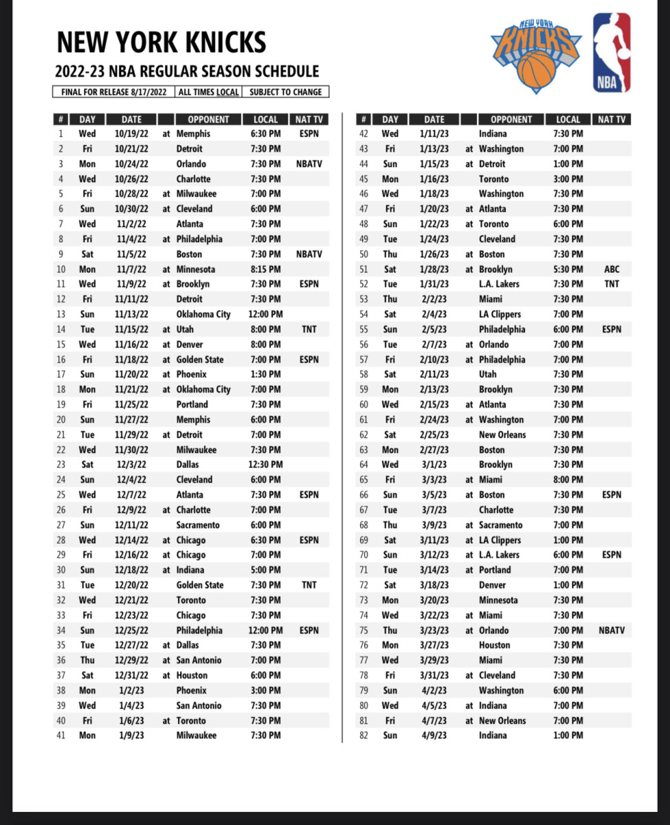 knicks schedule Printable 2022-2023 new york knicks schedule